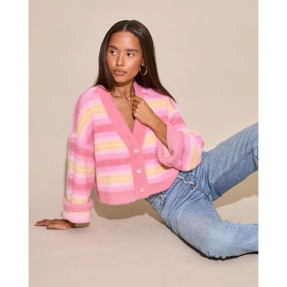L*Space Daybreak Cardigan Fuzzy Striped Sweater - Picture 1 of 7